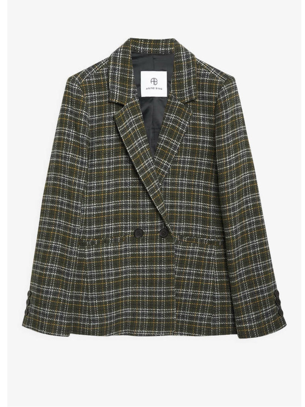 ANINE BING Madeleine Blazer Green Olive Plaid Double-Breasted XS